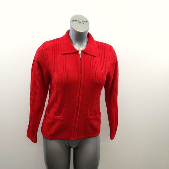 Alia Petite Women's Full Zip Ribbed Cardigan Sweater Size PS/P Red Long Sleeve C - Picture 1 of 3